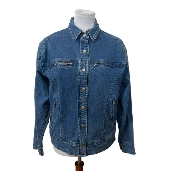 Harley-Davidson Ladies Medium Blue Stretchy Medium Wash Snap Closure Jean Jacket - Picture 2 of 8